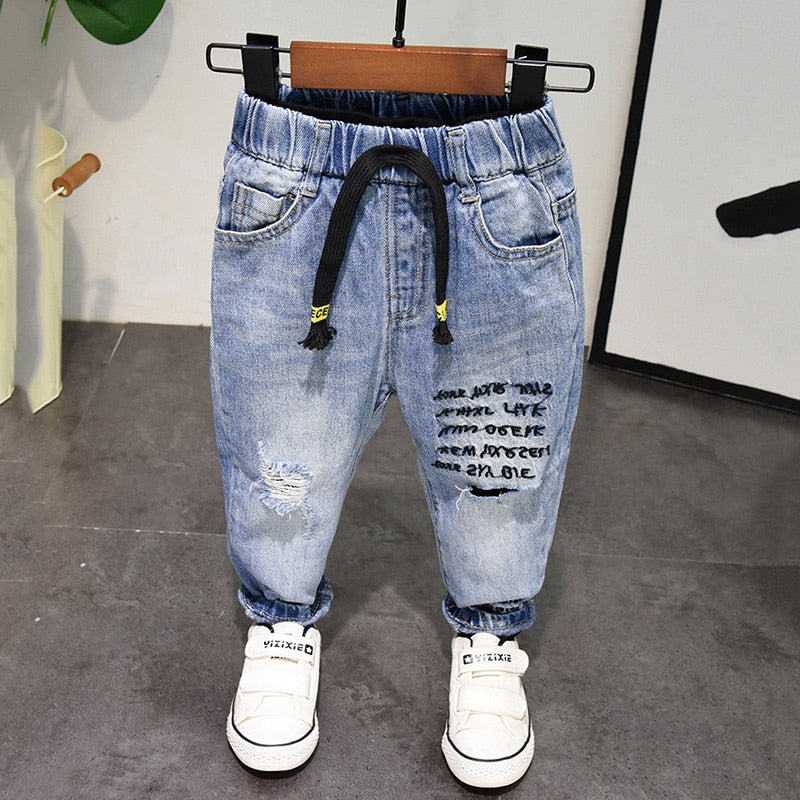 Neue Mädchen Jeans Frühling Herbst Kinder Hosen 1-7 Jahre Baby Jungen Mädchen Jeans Jungen Casual Loch Hosen Cartoon Katze Jeans Kinder Hosen