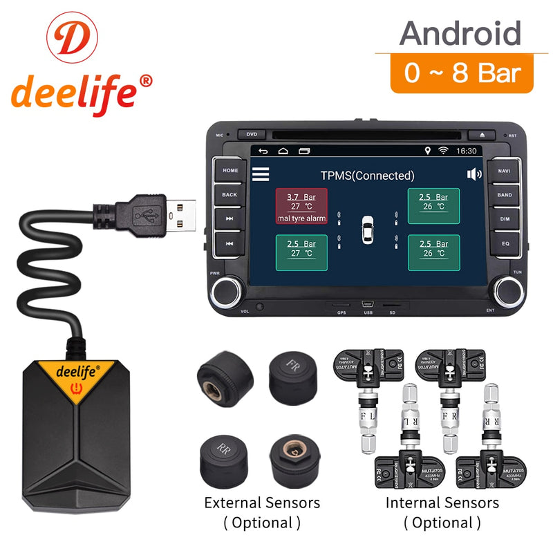 Deelife TPMS Android Reifendruckkontrollsystem Ersatzreifen Interner Externer Sensor für Autoradio DVD Player USB TMPS