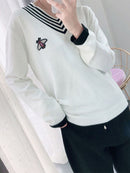 European Style Spring Autumn Women Bee Embroidery Sweater Elegant V-neck Knitted Loose Striped Long Sleeve Pullover  C-019