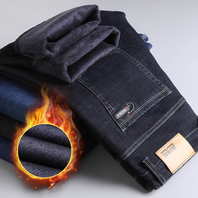 Winter Thermal Warm Flanell Stretch Jeans Herren Qualität Berühmte Marke Fleecehose Herren Gerade Beflockung Hose Jean Male