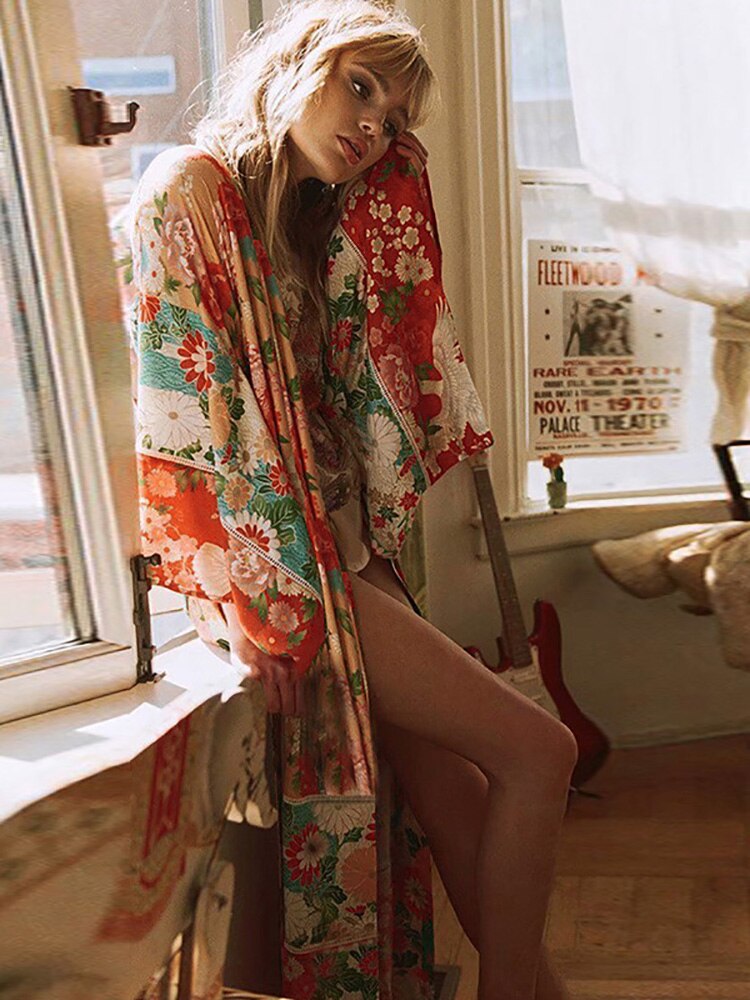 Fitshinling Vintage Print Floral Beach Cover Up Summer Swimwear Bikini Outerwear Flare Sleeve Oversize Bohemian Long Cardigans