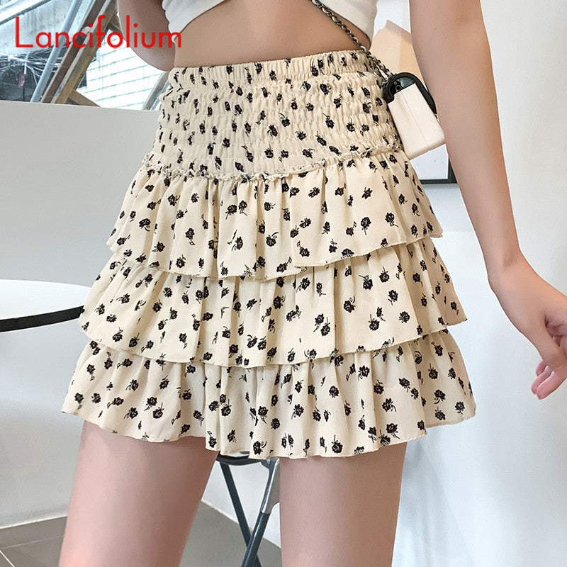 Cake Skirt Women Floral A Line Chiffon Mini Skirt Korean Kawaii Elastic High Waist Tiered Black White School Pleated Skirts B006