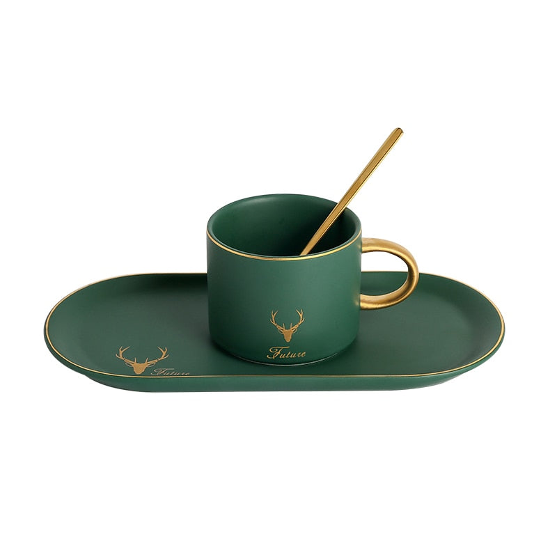 European Luxurious Gold Rim Ceramics Coffee Cups And Saucers Spoon Sets With Gift Box Tea Soy Milk Breakfast Mugs Dessert Plate