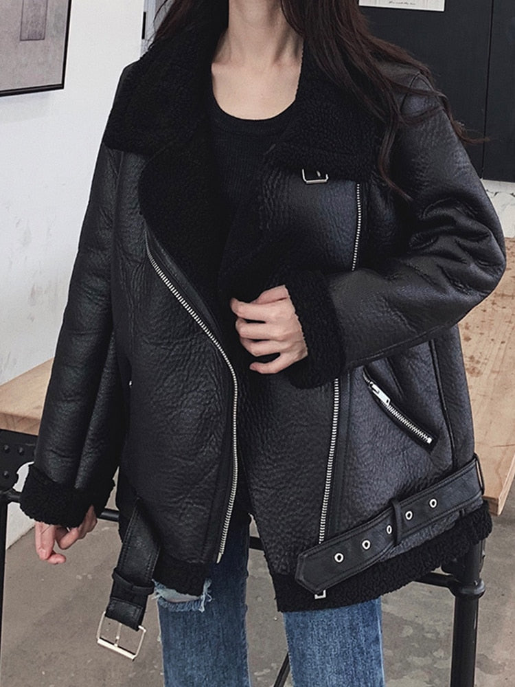 Ailegogo New Women Lamb Fur Faux Leather Jacket Coat Turn Down Collar Winter Thick Warm Zipper With Belt Outerwear