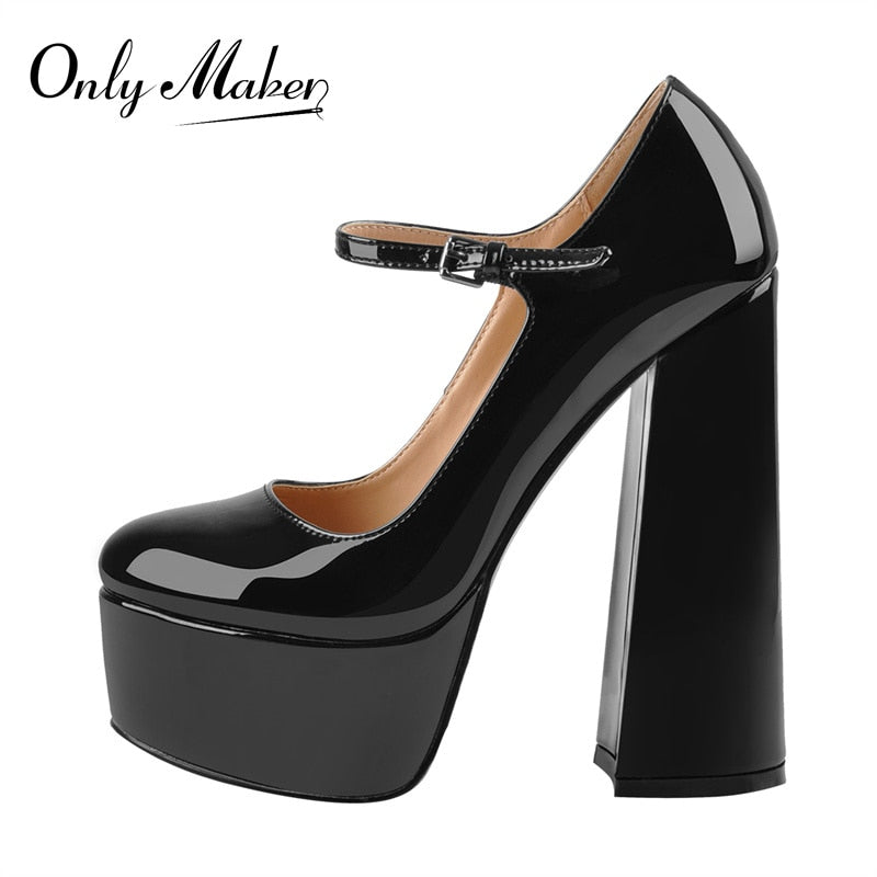 Onlymaker Women Pumps Mary-Jane Platform Black Pink Chunky 16CM High Heels Ankle Strap Dress Party Hoof Heel Plus Size Shoes