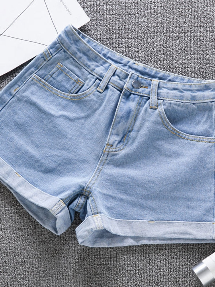Ailegogo Neue Sommer Frauen Weites Bein Klassische Hohe Taille Schwarz Denim Shorts Lässige Weibliche Einfarbig Weiß Blau Lose Jeans Shorts