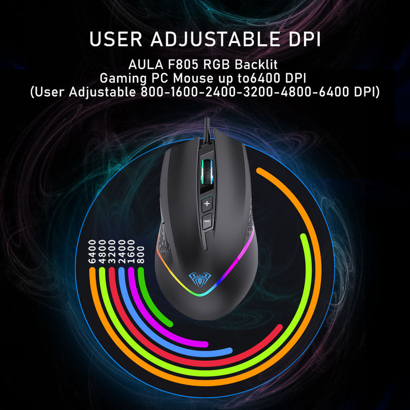 AULA F805 RGB Gaming-Maus 6400 DPI Kabelgebundene USB-Computermaus mit Hintergrundbeleuchtung 7 programmierbare Tasten Ergonomisch für Laptop-Desktop