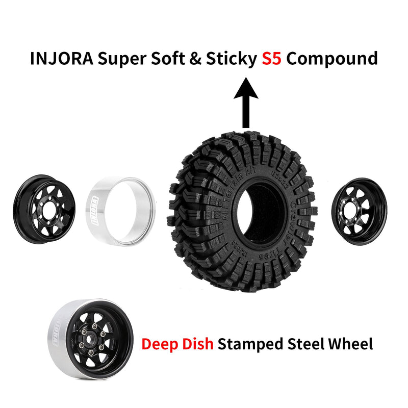 INJORA -3.78mm Offset 1.0" Beadlock Wheel Rims Tires Set for 1/18 1/24 RC Crawler Car Axial SCX24 FMS FCX24 TRX4M (W1004-T1014)