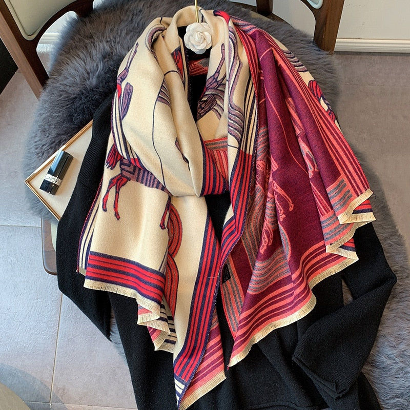 Luxus Winter Kaschmir Schal Frauen 2022 Design Warme Pashmina Decke Pferd Schals Weibliche Schal Wraps Dicken Foulard Bufanda