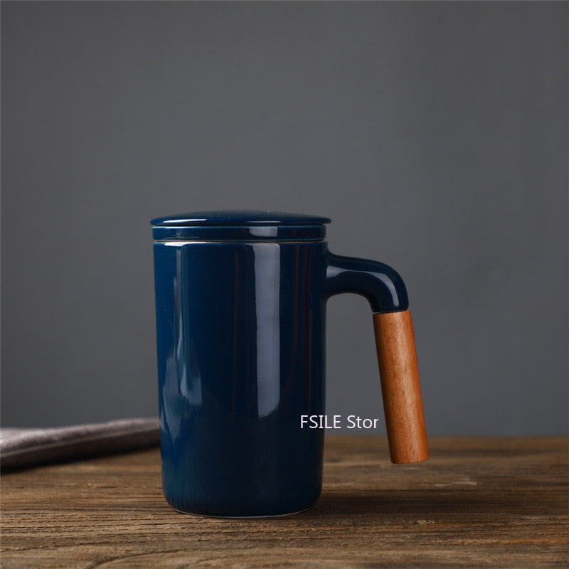 450ml FSILE Ceramic Large Capacity Mug Japanese Style Stoneware Office Cup with Wooden Handle Gift Mug with Lid Tea Separation