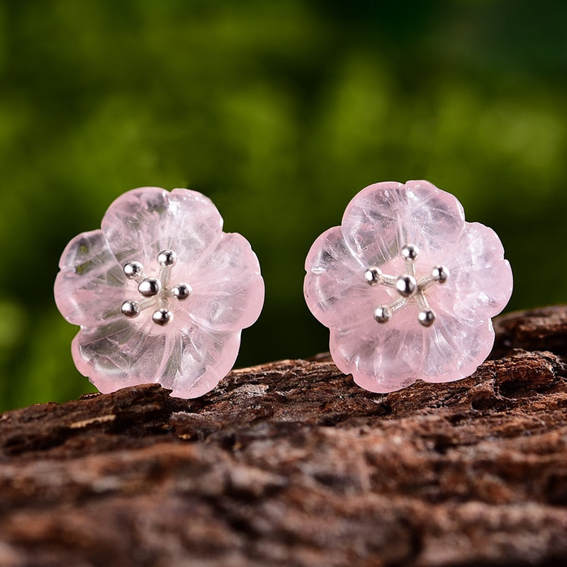 Lotus Fun Real 925 Pendientes de plata esterlina Gemas de cristal natural Joyería fina Flor en la lluvia Pendientes de botón para mujeres Brincos