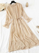 2022 New Women Spring Print Dresses Long Sleeve Chiffon Pleated Dress Casual Ruffle Flare Sleeve Long Dress Loose Vestidos