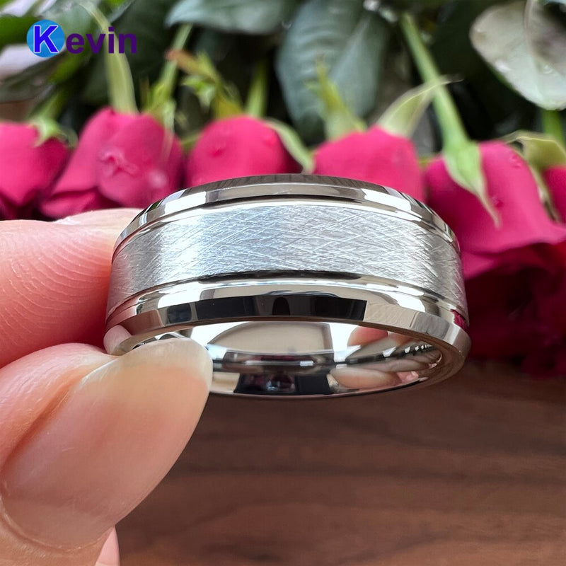 Men Women Tungsten Wedding Band Ring With Bevel Brush Groove Finish 8MM Comfort Fit