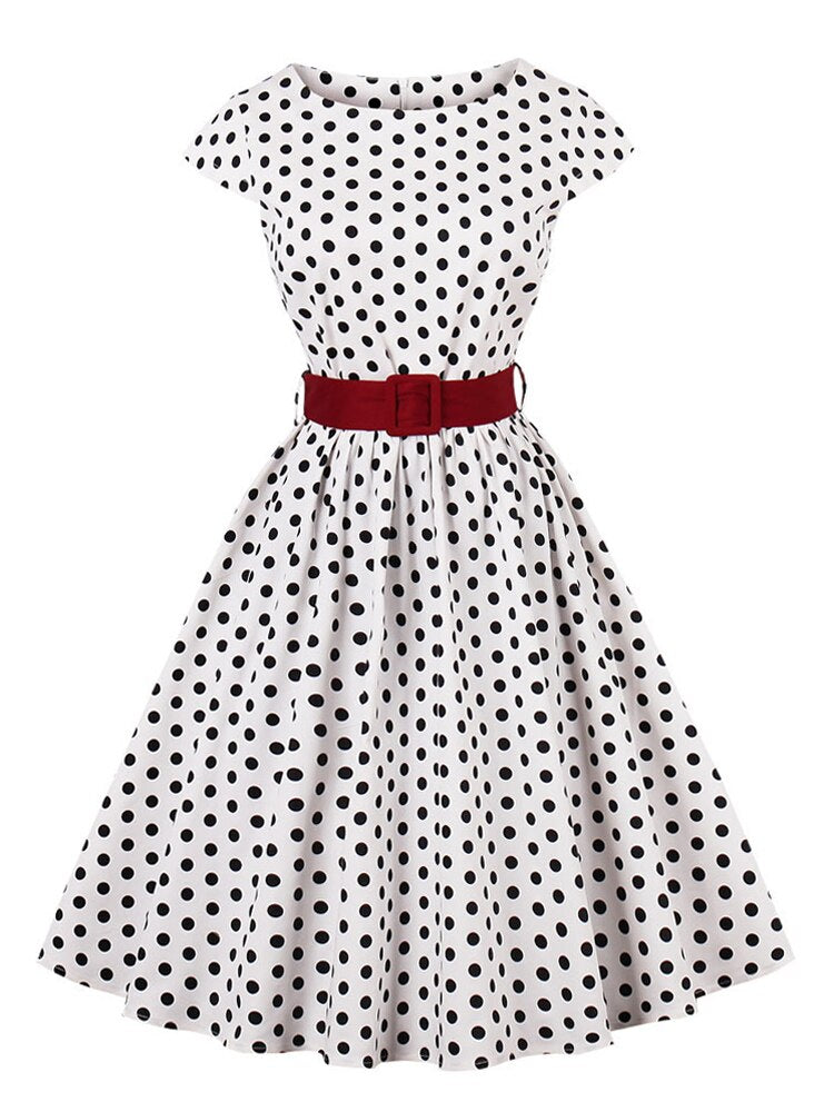 Tonval Green Retro Polka Dot 1950s Rockabilly Pleated Belted Dress Cap Sleeve Summer Women High Waist Vintage Dresses