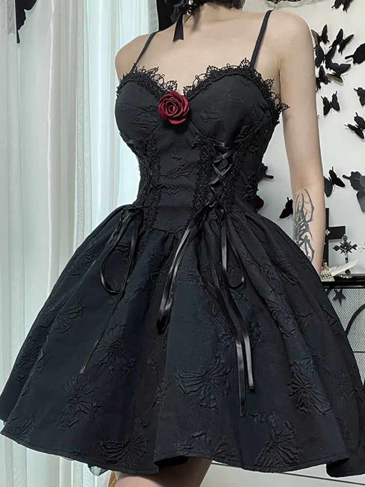 Goth Dark Tie Up Mall Gothic Elegant Women Dresses Grunge Aesthetic Jacquard A-Line Dress Emo Lace Trim Black Party Alt Clothes