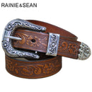 RAINIE SEAN Men's Waist Belt Jeans Genuine Leather Embossed Pin Belt Burgundy Vintage Male High Quality Real Cow Leather Belts