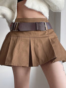 HEYounGIRL Casual Brown Pleated Mini Skirt Ladies High Waisted Short Skirts Womens with Belt Korean Fashion 90s Summer Street