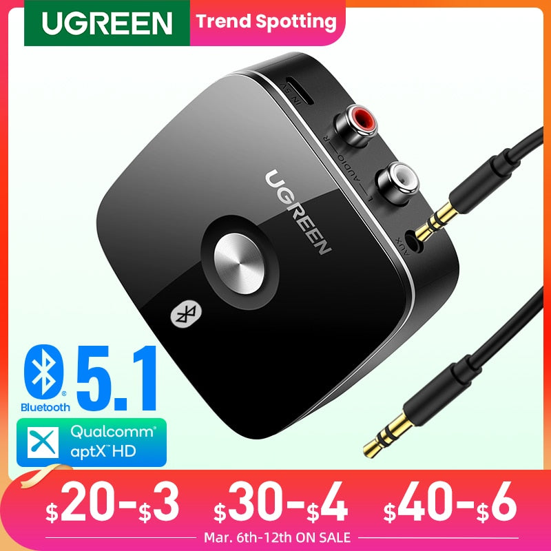 UGREEN Bluetooth Receiver 5.1 Wireless Auido Music 3.5 mm RCA aptX HD Low Latency Music Bluetooth 5.0 Sound 3.5mm 2RCA Adapter