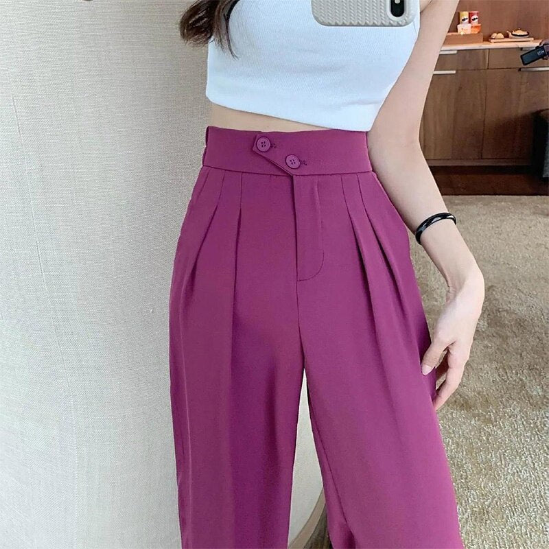 Fashion Summer Thin Solid Color Drape Mop Pants Femme All-match Patchwork Two Buttons Higt Waist Pleated Casual Loose Trousers