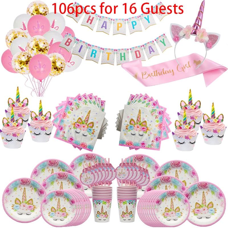 Unicorn Party Supplies Disposable Tableware Set Kids Birthday party Decoration Unicornio Decor Plates Cup Banner Baby Shower