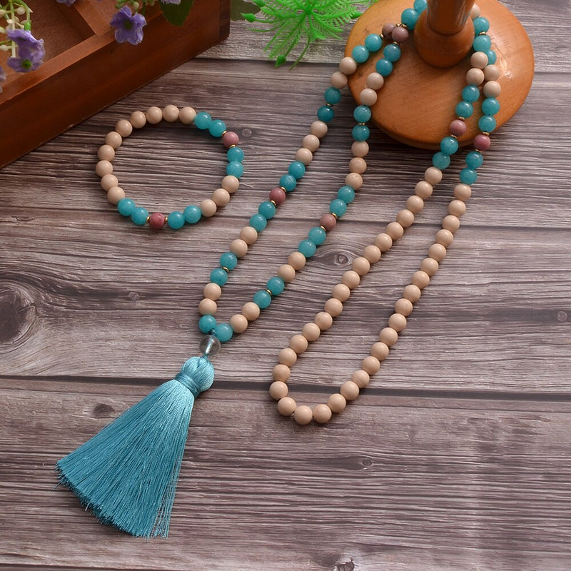 8mm White Fossil Aquamarine Beads108 Mala Necklace Bracelet Japamala Set Meditation Yoga Prayer Jewelry Tassel Rosary for Women