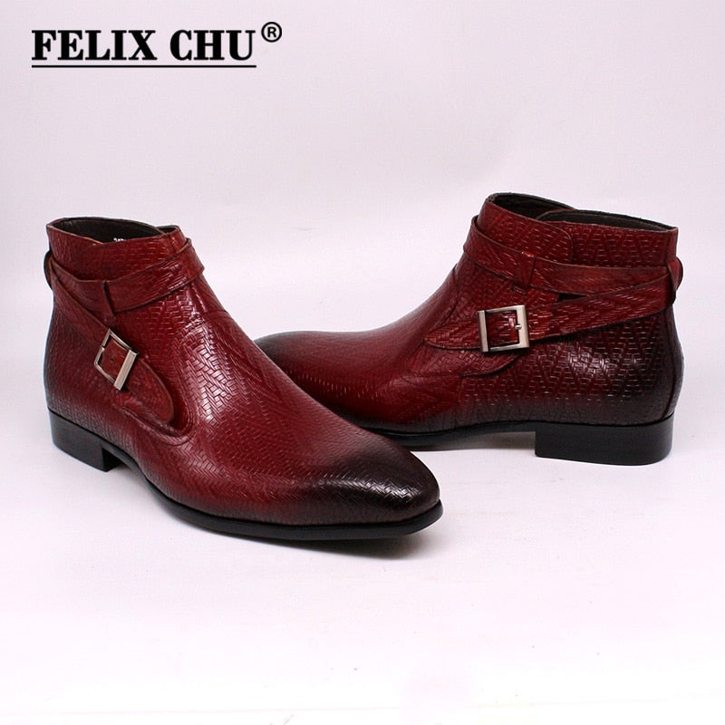 Handgemachte Herren Stiefeletten Felix Chu Echtes Leder Herren Motorradstiefel Schwarz Rot Schnalle High Top Abendschuhe für Herren