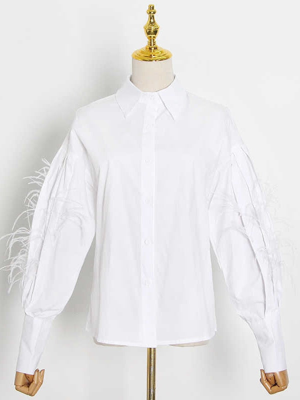 TWOTWINSTYLE Casual Patchwork Feather Blouse For Women Lapel Lantern Sleeve White Solid Shirt Female Fashion New Clothing 2021