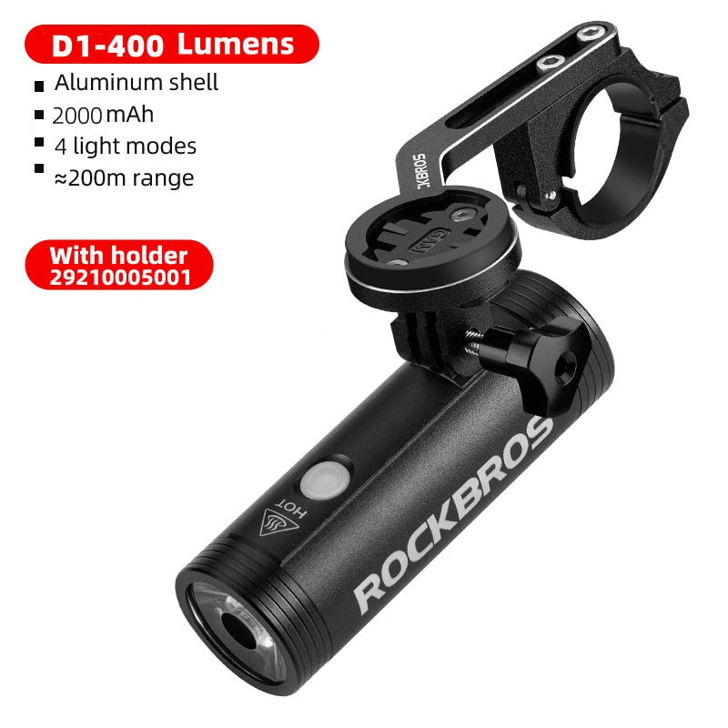 Faro de bicicleta ROCKBROS 400-1000LM con soporte de montaje IPX3, linterna de bicicleta recargable por USB, soporte frontal combinado