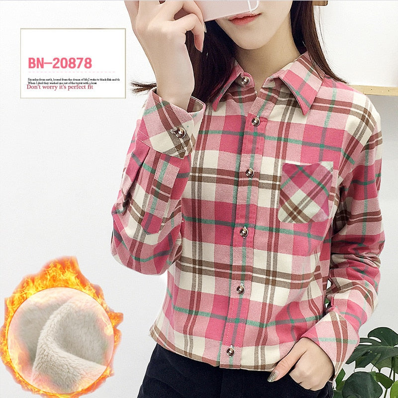 S-4XL Frauen Baumwollhemd Frühling Herbst Winter 2022 Neue Casual Langarm Gebürstet Plaid Streifen Shirts Mädchen Tops Bluse Weiblich