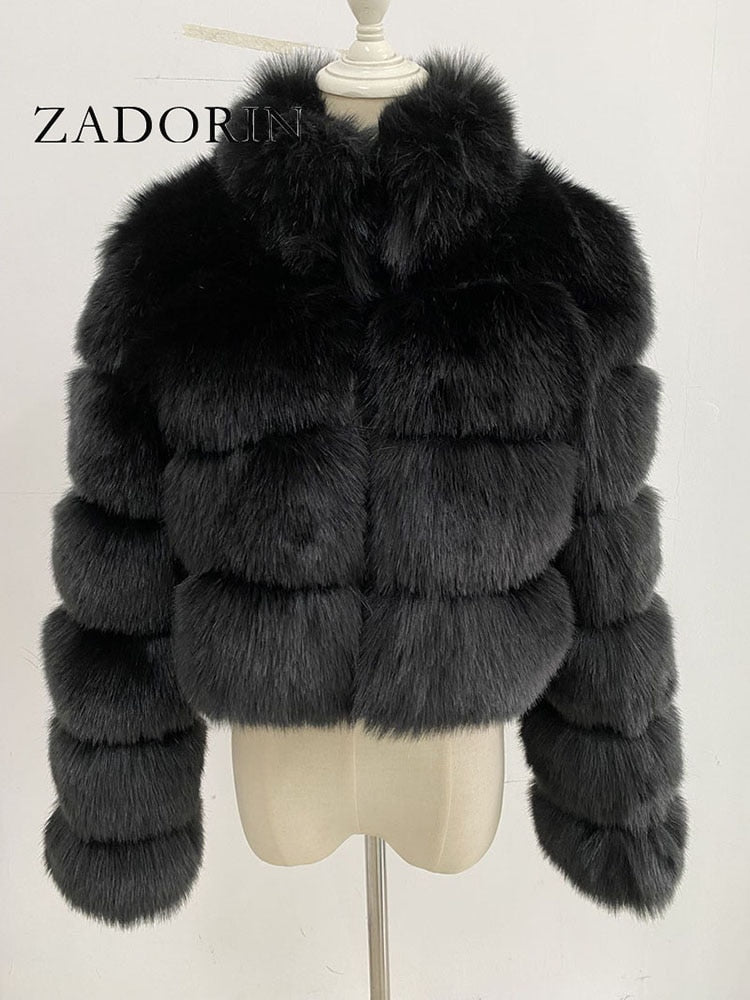 ZADORIN, nueva moda, abrigo corto de piel de zorro de invierno para mujer, chaqueta peluda gruesa y cálida con cuello de piel de lujo para mujer, Top recortado de piel sintética