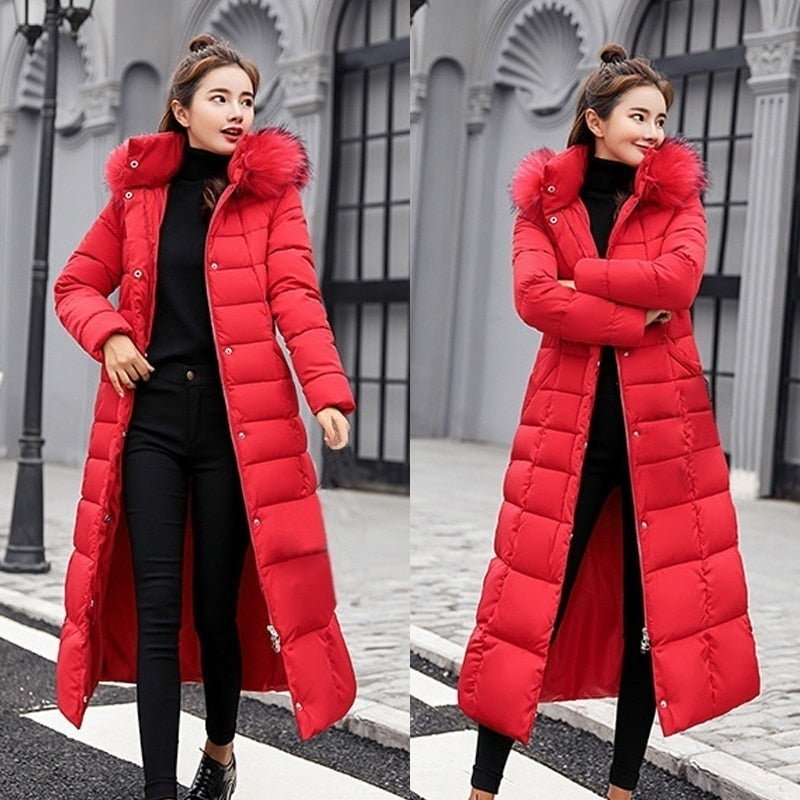 2022 neue Winterjacke Frauen warme Mode Bogen Gürtel Fuchspelzkragen Mantel langes Kleid Frauen dicker Mantel