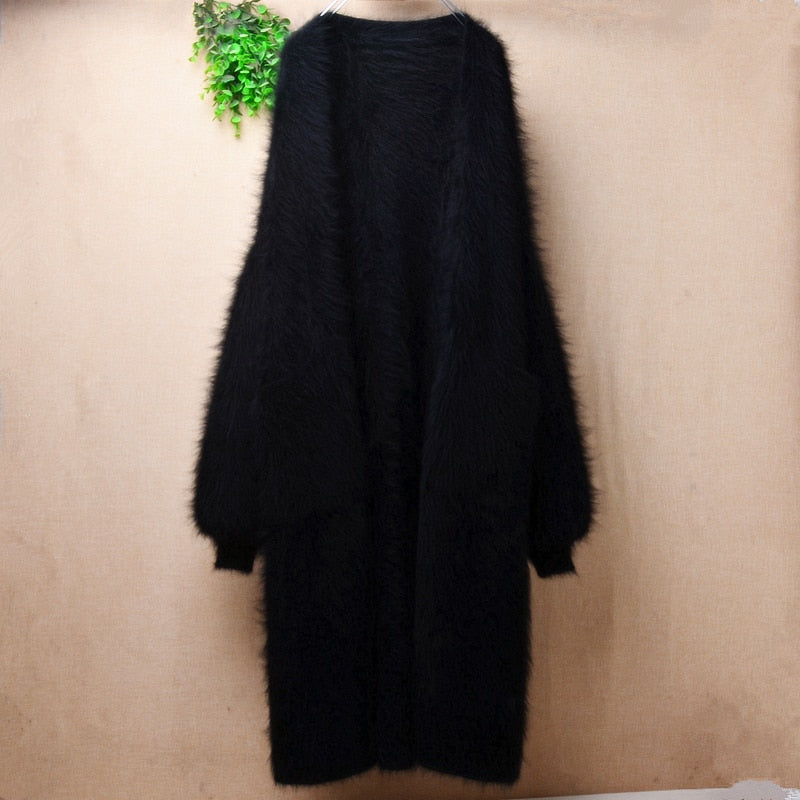 Elegante casual invierno largo suelto marrón espesar visón Cachemira mangas largas linterna angora piel de conejo cárdigan suéter abrigo abrigo