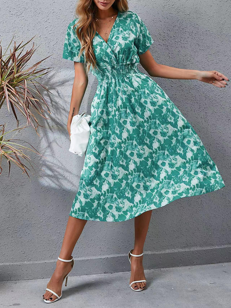 White Floral Printing Summer Chiffon Beach Dress 2022 Casual V-neck Short Sleeve A-line Women Midi Dresses Vestidos