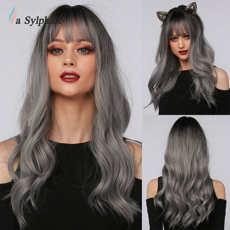 La Sylphide Halloween Cosplay Lolita Wig Long Nature Wave Purple Synthetic Hair Wigs with Bangs for Woman Heat Resistant Fiber