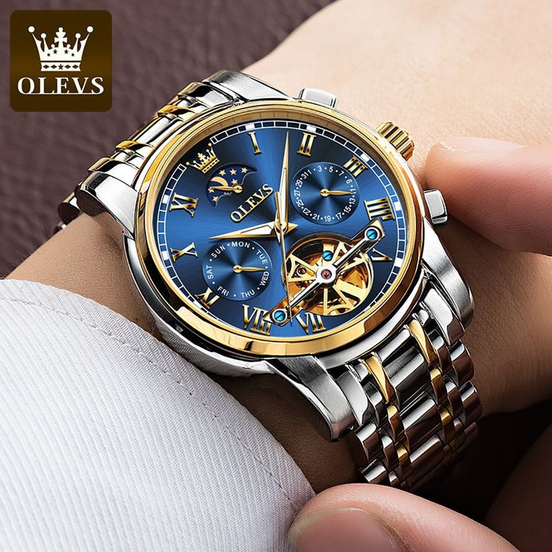 Reloj OLEVS para hombre, reloj mecánico automático, reloj de pulsera Stianless de la mejor marca, reloj de pulsera de lujo moon phaseTourbillon, regalos para hombre