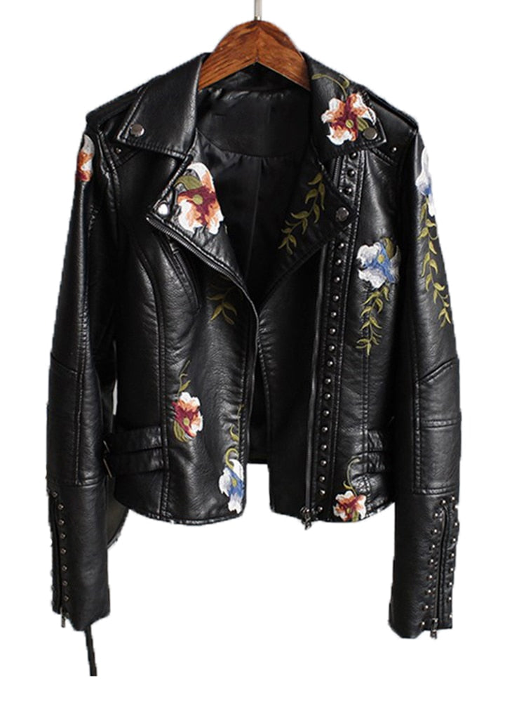 Ftlzz, chaqueta de cuero suave de imitación bordada con estampado Floral para mujer, abrigo con cuello vuelto, ropa de abrigo informal de Pu para motocicleta, prendas de vestir exteriores Punk negras