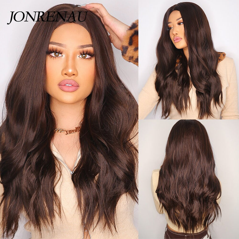 JONRENAU Long Natural Wave Middle Part Hair Gradient Dark Brown Synthetic Wigs  for Women Daily Cosplay Use Heat Resistant Wig