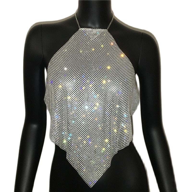 AKYZO, camisola de lujo hecha a mano con diamantes de imitación para mujer, camisetas sin espalda con cadena de Metal para club nocturno, camisetas sin mangas con diamantes dorados para fiestas de verano