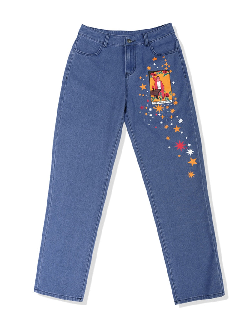 Pantalones vaqueros para mujer con patrón de dibujos animados de estrellas impresos 2022 Otoño Invierno pantalones de mezclilla aptos para chica joven Vintage bonitos pantalones vaqueros femeninos azul