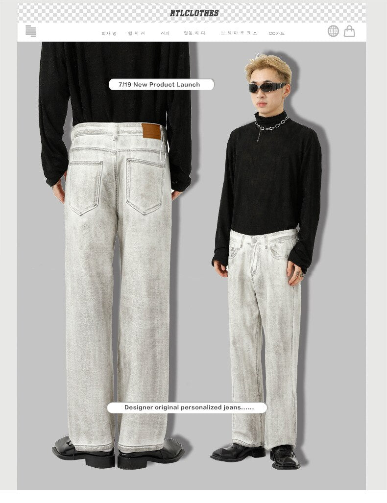 High Quality Autumn New Korean Jeans Loose Straight Design Sense Ins Casual White Denim Trousers Men