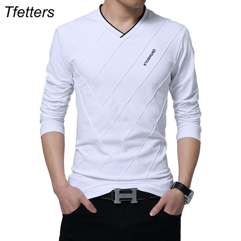 Camiseta TFETTERS de moda para hombre, camiseta personalizada ajustada, diseño de pliegues, camiseta de Fitness larga con estilo de lujo con cuello en V, camiseta para hombre