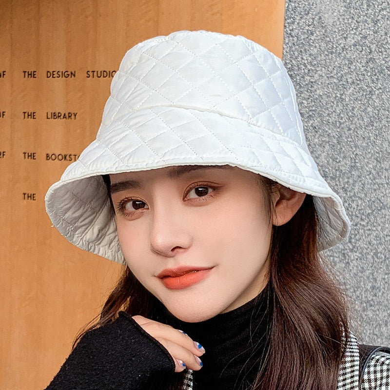 Sparsil Women Autumn Winter Foldable Bucket Hats Solid Lattice Silk Wadding Caps Keep Warm Prevent Cold Basin Fisherman Hat