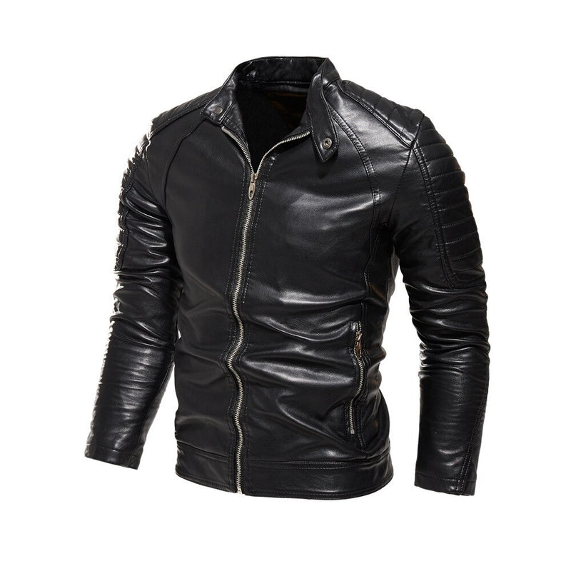 2022 Winter Black Leather Jacket Men Fur Lined Warm Motorcycle Jacket Slim Street Fashion BLack Biker Coat Pleated Design Zipper