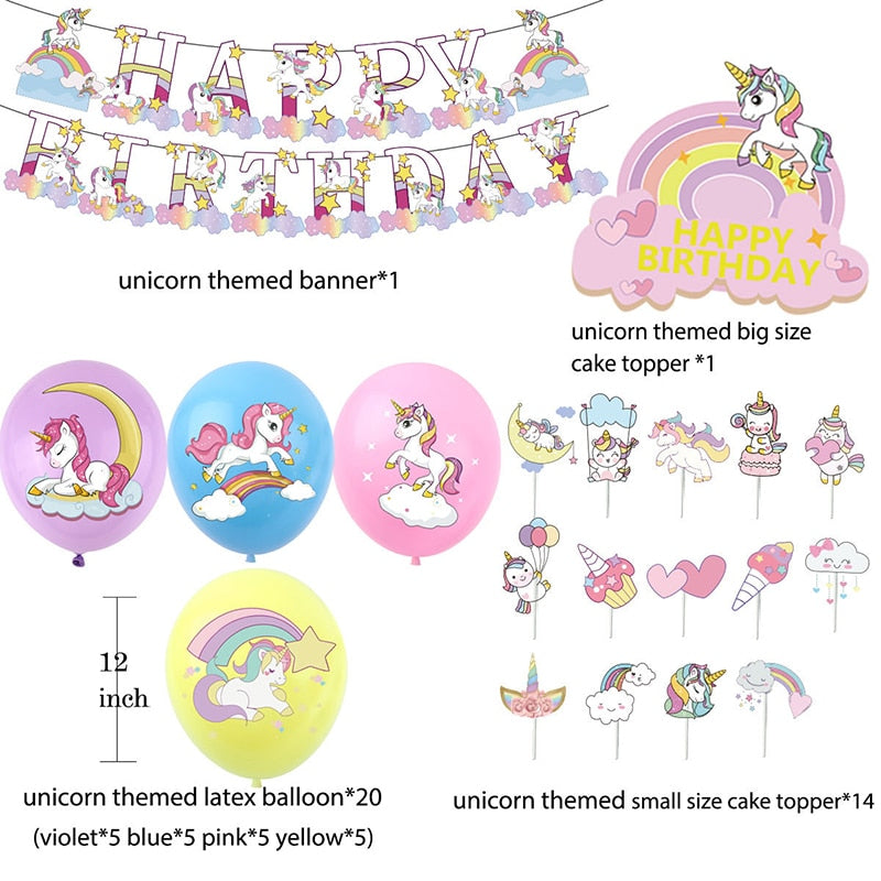 Unicorn Party Supplies Disposable Tableware Set Kids Birthday party Decoration Unicornio Decor Plates Cup Banner Baby Shower