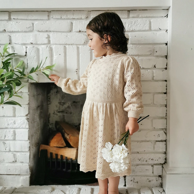 HoneyCherry New Style For Autumn And Winter Girl&#39;s Dress Children&#39;s Hollow-out Long-Sleeved Dress Knitted Woolen Dress