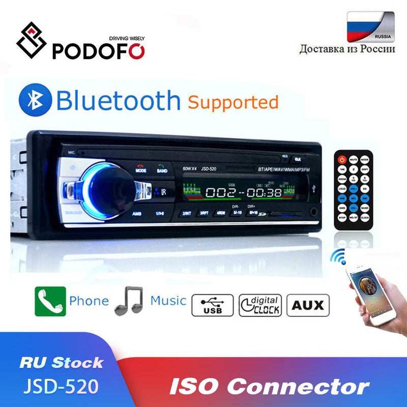 Podofo Car Radio Estéreo Reproductor Digital Bluetooth MP3 Player JSD-520 60Wx4 FM Audio Estéreo Música USB / SD con entrada AUX en el tablero