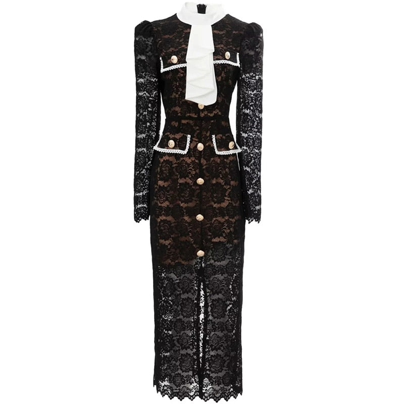 Seasixiang Fashion Designer Spring Summer Lace Pencil Dress Women Stand Collar Long Sleeve Hollow Out Elegant Party Dresses