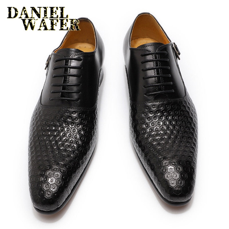 Daniel Wafer Man Schuhe Luxus echtes Leder geometrische Drucke Büro Hochzeit Mann formale schwarze Schnürung spitze Zehen Oxford Schuhe