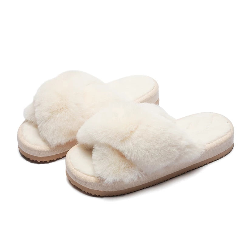 2022 Winter New Women Slipper Soft Rabbit Fur Cross Upper 3cm Heel Platform Fur Warm Indoor Ladies Open Toe Fluffy Home Slippers