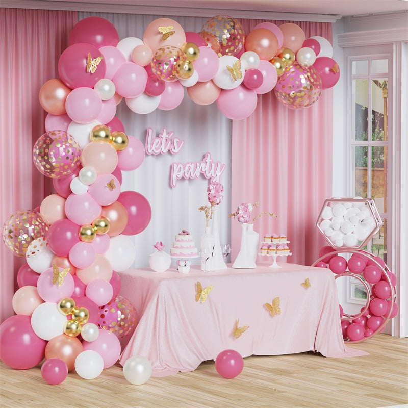 Hot Pink Ballon Girlande Arch Kit Schmetterling Aufkleber Chrome Rose Gold Latexballons für Geburtstag Hochzeit Baby Shower Dekoration